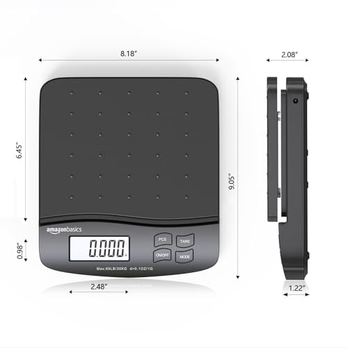 Amazon Basics Digital Postal Shipping Scale with Tare Function, AC Adapter, 65 lb Capacity, 0.1 oz Readability, LCD Display, Black