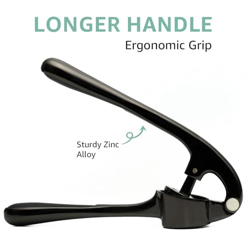 Garlic Press Crusher & Mincer – Easy Squeeze Ergonomic Handle, Heavy Duty Zinc Alloy, Dishwasher Safe, Includes Peeler & Cleaning Brush – Garlic Ginger Crusher Tool (Black)