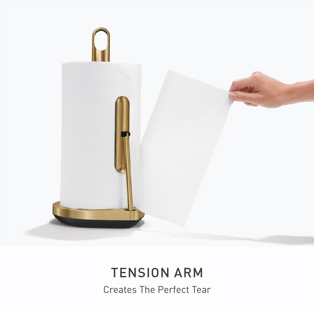 simplehuman Tension Arm Standing Paper Towel Holder, Heavy-Duty, Easy One-Handed Tear, Kitchen Countertop, Brass Stainless Steel