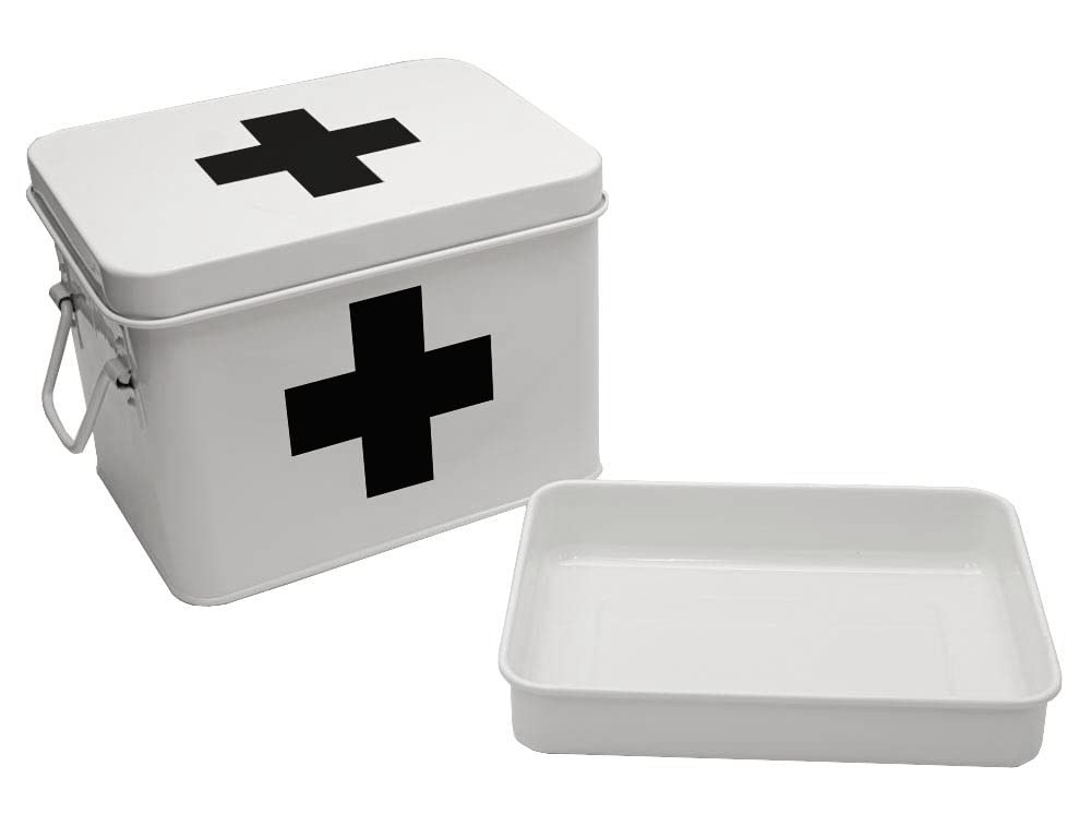 Lassos Boutique Retro Enameled First Aid Box for Medicine Storage and Home Decor with Lid and Removable Tray (White/Black)