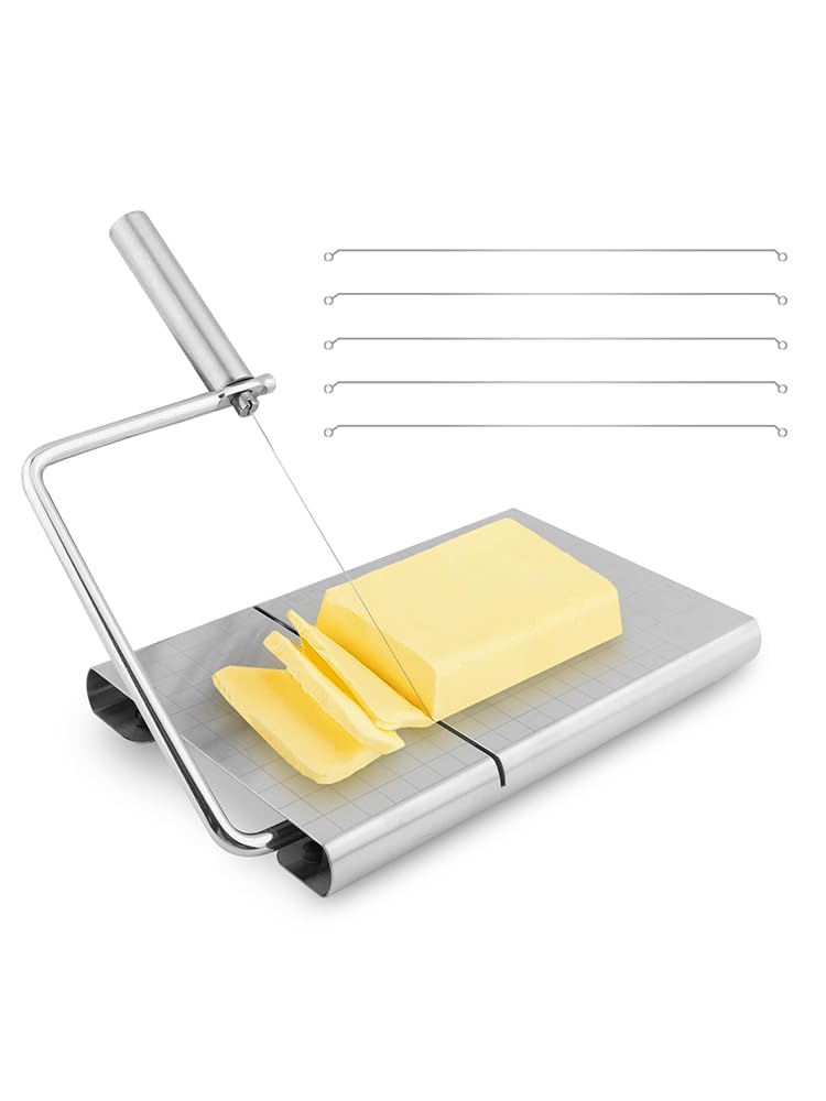 homfanseec Stainless Steel Cheese Slicer Cutter, Cheese Slicer with Wire, Adjustable Cheese Cutter Board with 6 Replacement Wires, for Cutting Cheese Butter Vegetables Sausage(silver)