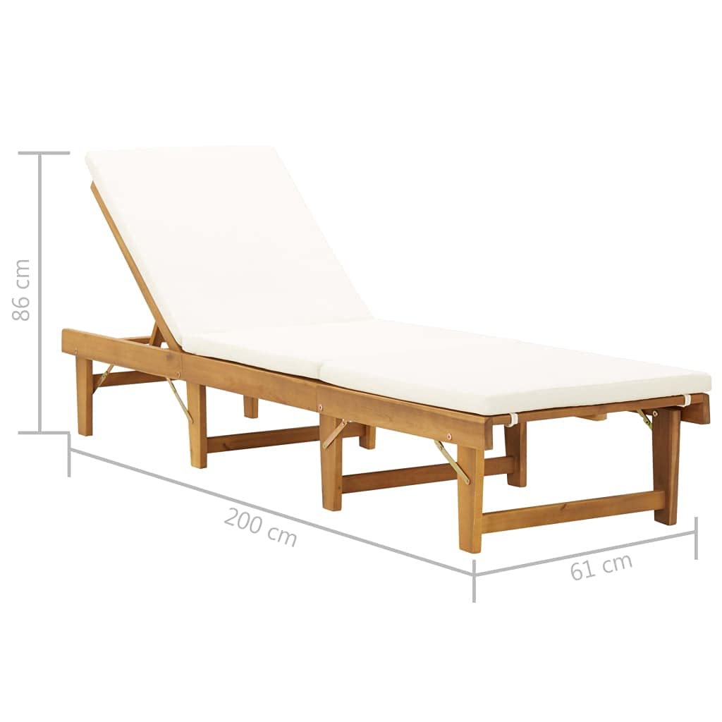 Yisssmeng Folding Sun Lounger with Cushion, Adjustable Solid Acacia Wood Reclining Lounge Chair for Patio Garden and Poolside, Outdoor Wooden Daybed with Removable Cover, Natural and Beige