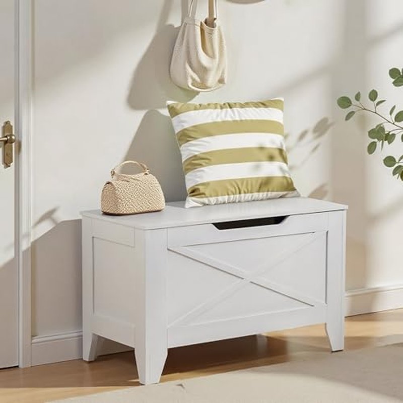 VECELO 30" Storage Bench, Entryway Shoe Ottoman, Farmhouse Style Bench with Handwoven Cushion and Metal Safety Hinges, for Bedroom, Living Room, Entryway, White