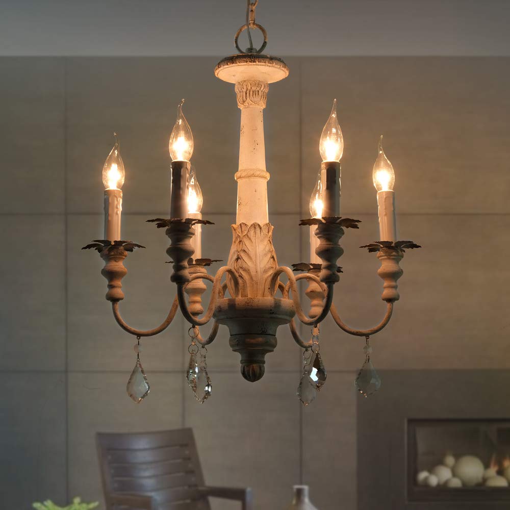 OSAIRUOS French Country Candle Style Chandelier, Handmade White Distressed Wood Lighting Ceiling Light Fixture Pendant Lamp Chandeliers for Dining Living Room Bathroom W20.8