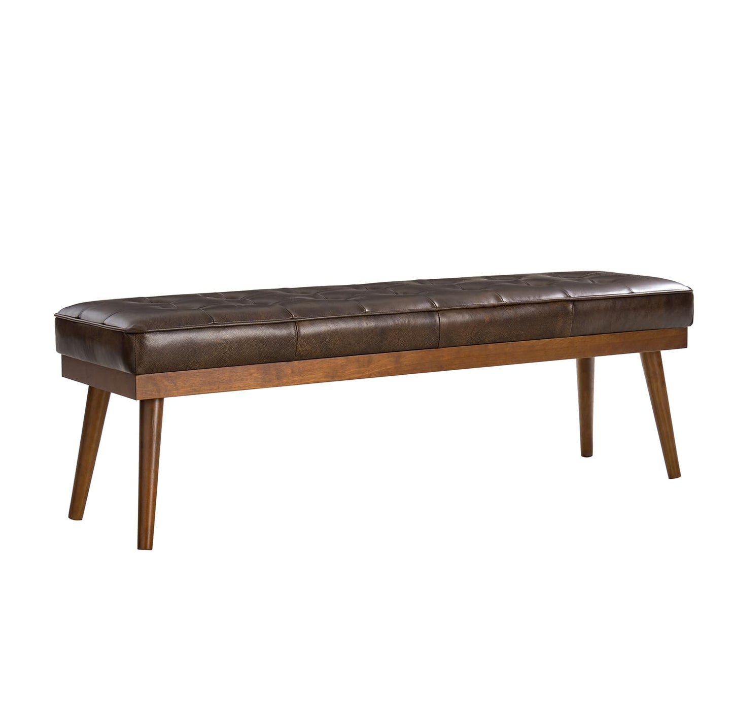 HULALA HOME 55.5" Genuine Leather Bench, Button-Tufted Entryway Bench with Solid Wood Legs, Upholstered End of Bed Bench for Bedroom, Chocolate