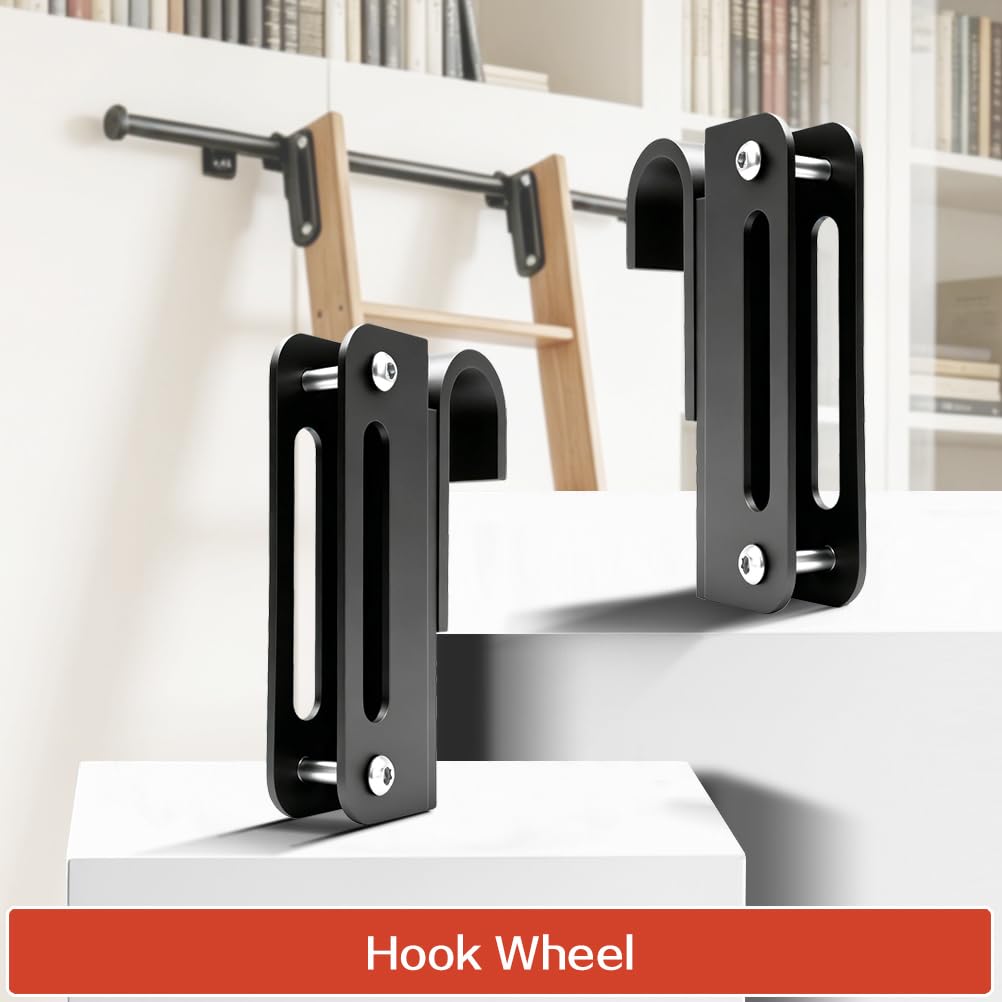 104RDHOUSE 16FT Sliding Library Ladder Hardware Kit,Black Telescopic Top Hook,Bottom Wheel with Brake,MAX Load 300lbs,No Ladder