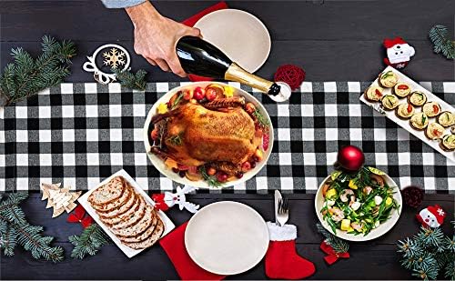 Senneny Christmas Table Runner 14 x 72 Inch, Burlap & Cotton Black White Plaid Reversible Buffalo Check for Holiday