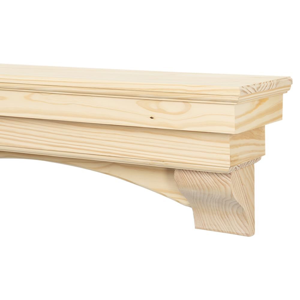 MANTELSDIRECT Salem Wood Mantel Shelf with Arched Corbels - Unfinished 60 Inch | Wooden Rustic Wall Mounted Shelf from Pine Wood - Perfect for Fireplaces, TVs & Décor