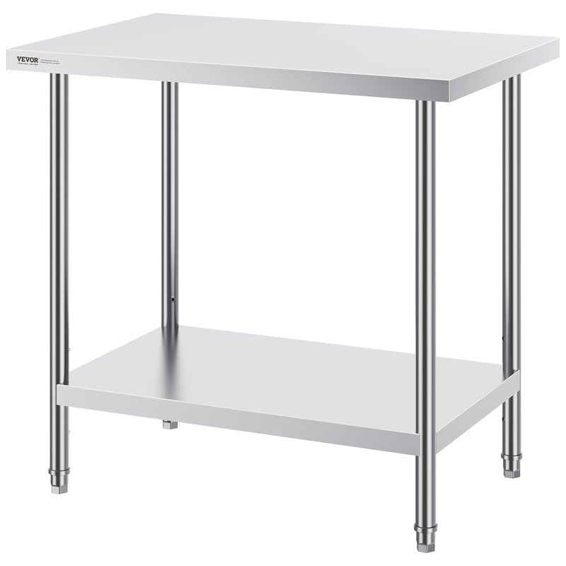 VEVOR Stainless Steel Prep Table, 24 x 36 x 34 Inch, 750 lbs Load Capacity, Heavy Duty Metal Worktable with 3 Adjustable Height Levels, Commercial Workstation for Kitchen Garage Restaurant Backyard