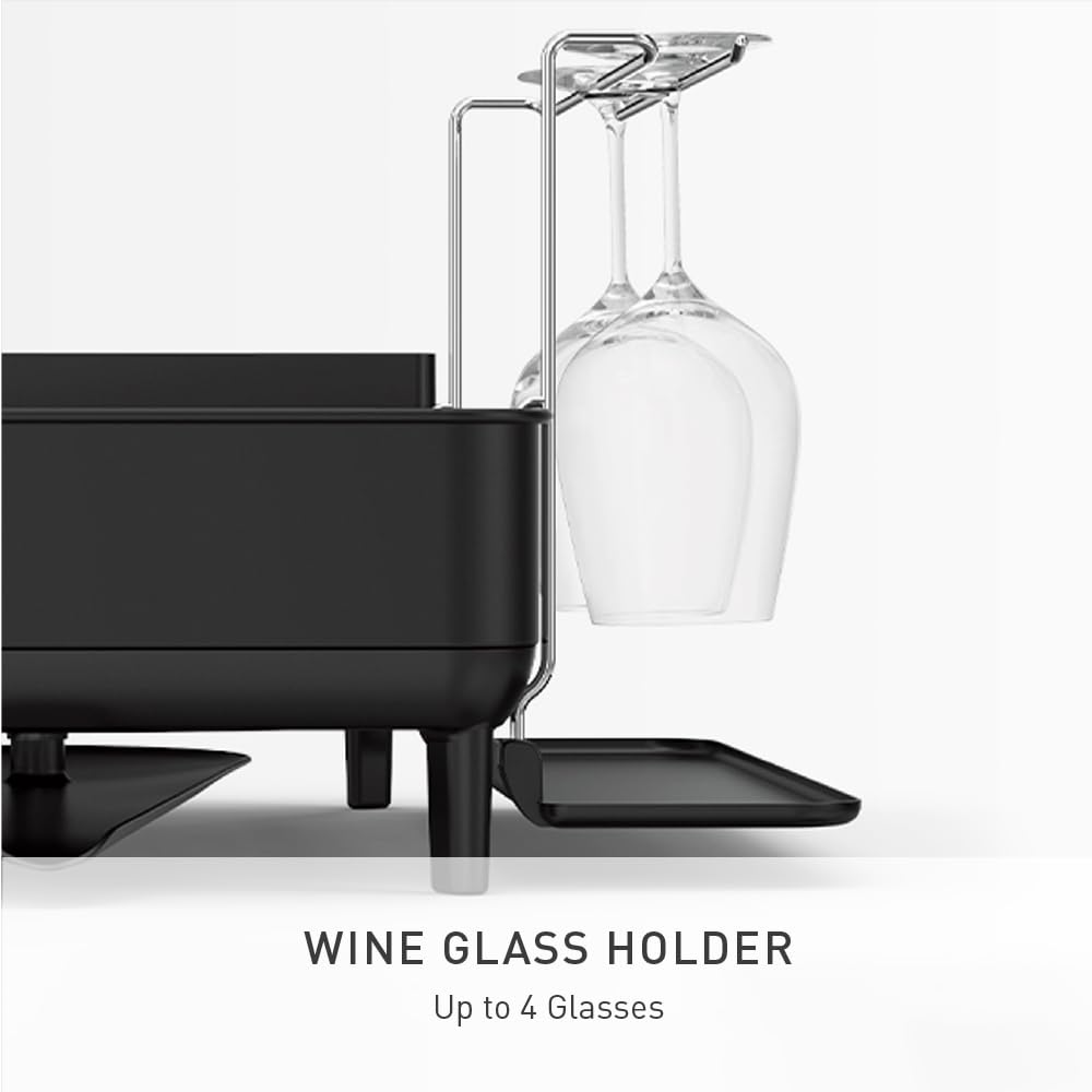 simplehuman Large Capacity Dish Drying Rack with Stainless Steel Frame, 360º Easy Drain Swivel Spout, Utensil & Wine Glass Holder, Anti-Residue Coating, Moisture Control Surface, Matte Black