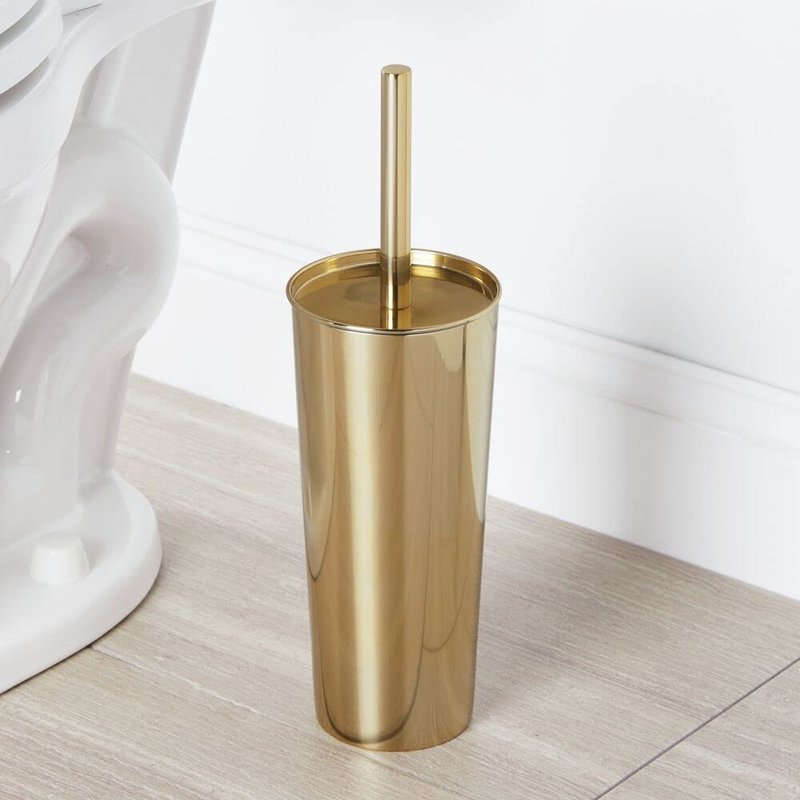 mDesign Stainless Steel Toilet Bowl Brush and Holder Set, Modern Metal Compact Storage Organizer Cleaner Scrubber for Toilet - Heavy Duty Cleaning Plunger for Bathroom, Mirri Collection, Soft Brass