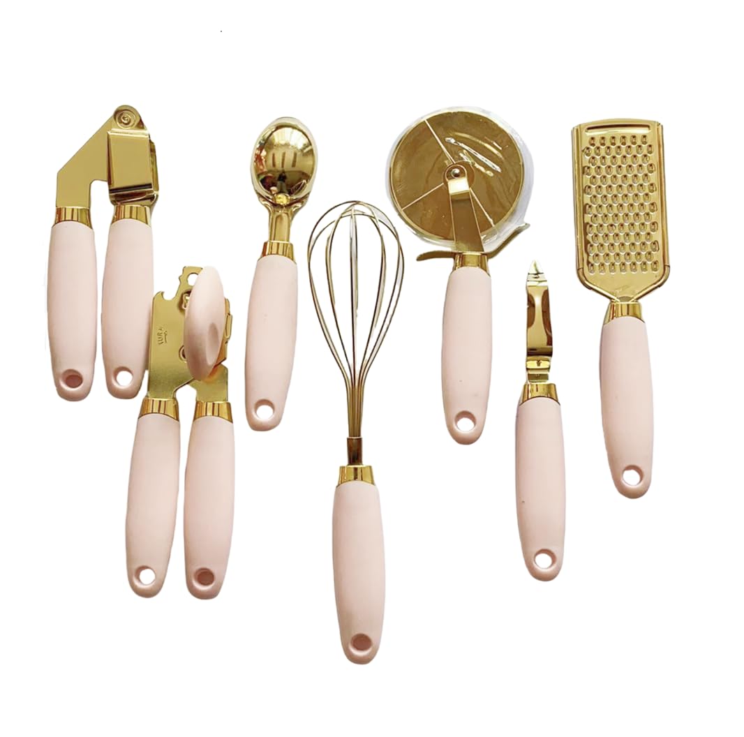 White & Gold Kitchen Tools and Gadgets - Luxe 7PC Cooking Tools and Gadgets with Anti-Slip Handles, Utensils Set, Gold Kitchen Accessories,Premium Kitchen Gadget Set (Champagne gold & pink)