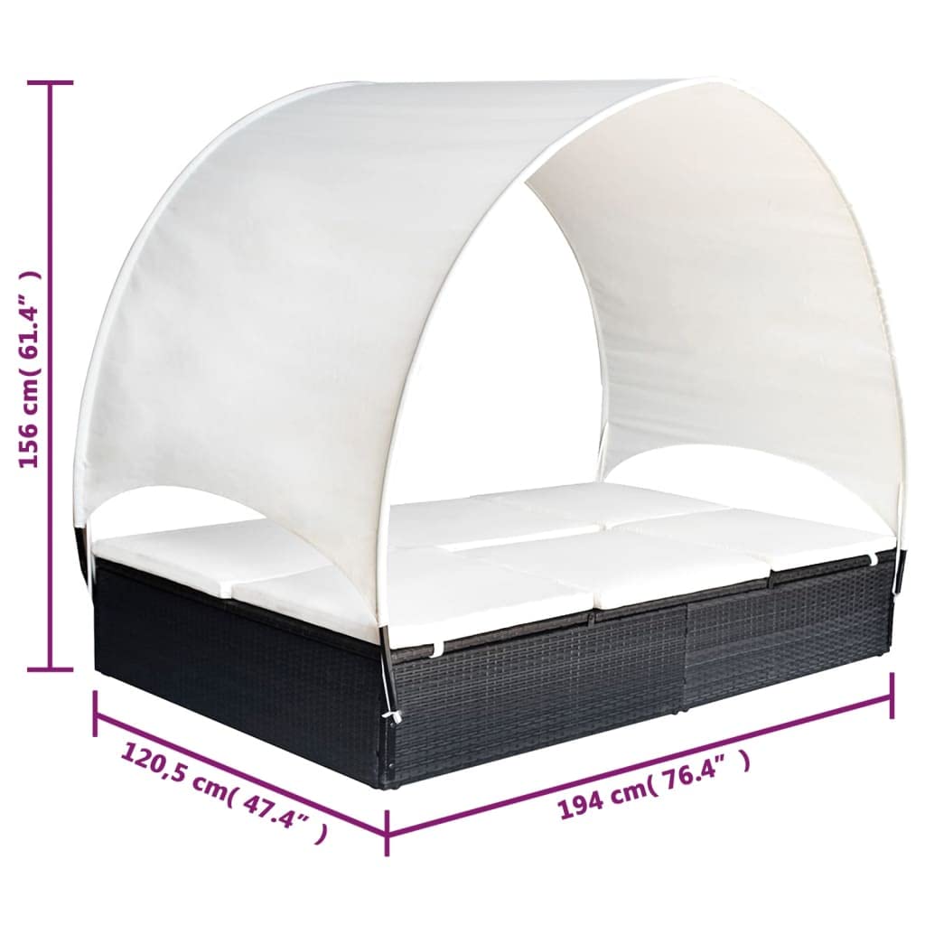 VGLQNRPT Double Sun Lounger with Adjustable Canopy, 2-Person Outdoor Patio Rattan Daybed with Cream Cushions, Weather-Resistant Garden Lounge Chair, Black
