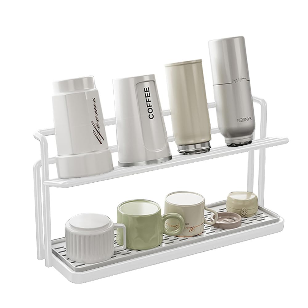 HZBL-LP 2-Tier Space-Saving Drain Rack with Removable Tray, Cup Storage Rack for Kitchen Sink, Dish Drying Organizer (White)