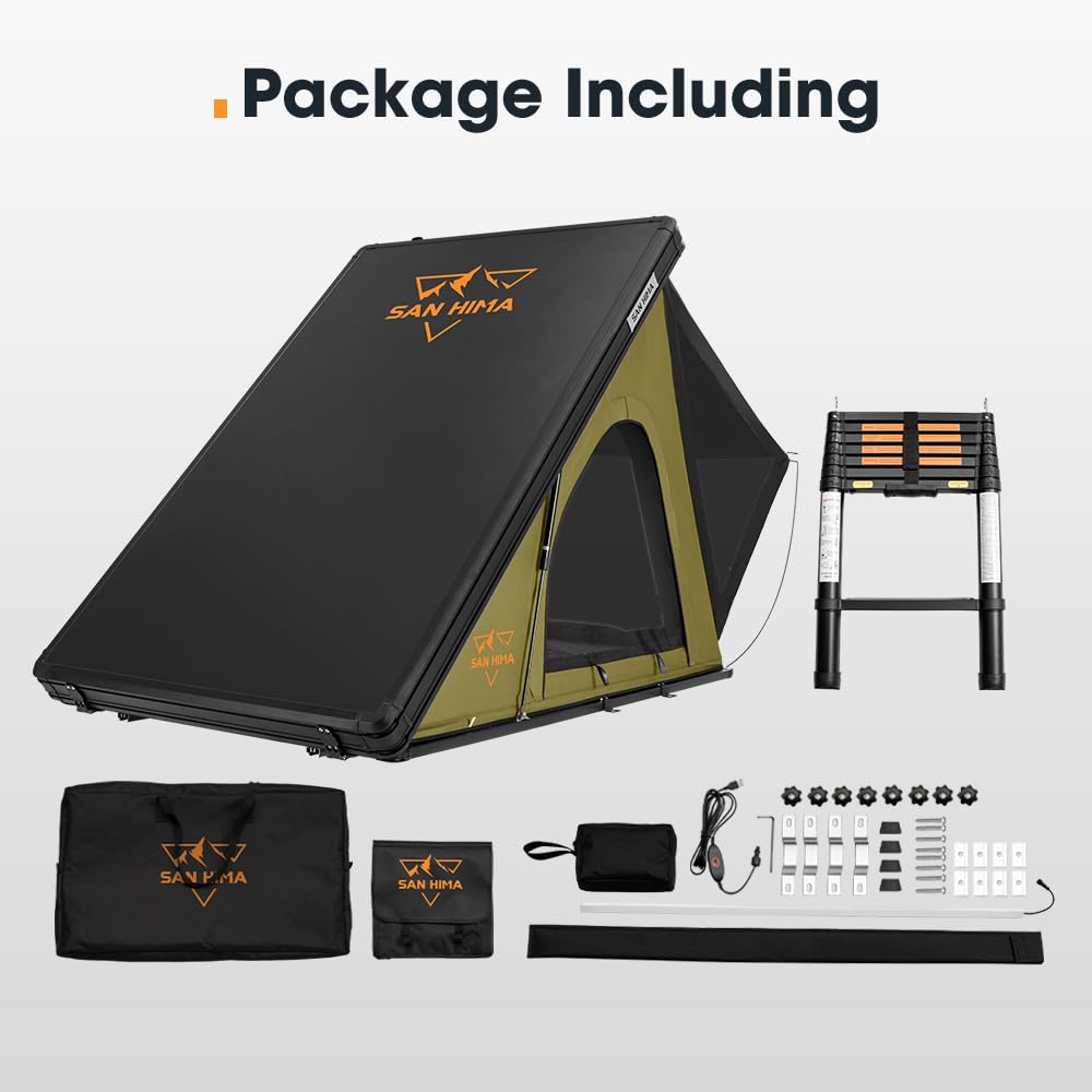 Sanhima Rooftop Tent Hard Shell - Hotham Lite Overland Aluminium Roof Top Tent 4.56" Slimline, w/Tri-Color LED Strip Light & 1.97” Thick Mattress, for Car SUV Truck Camping, 2-3 People (Army Green)
