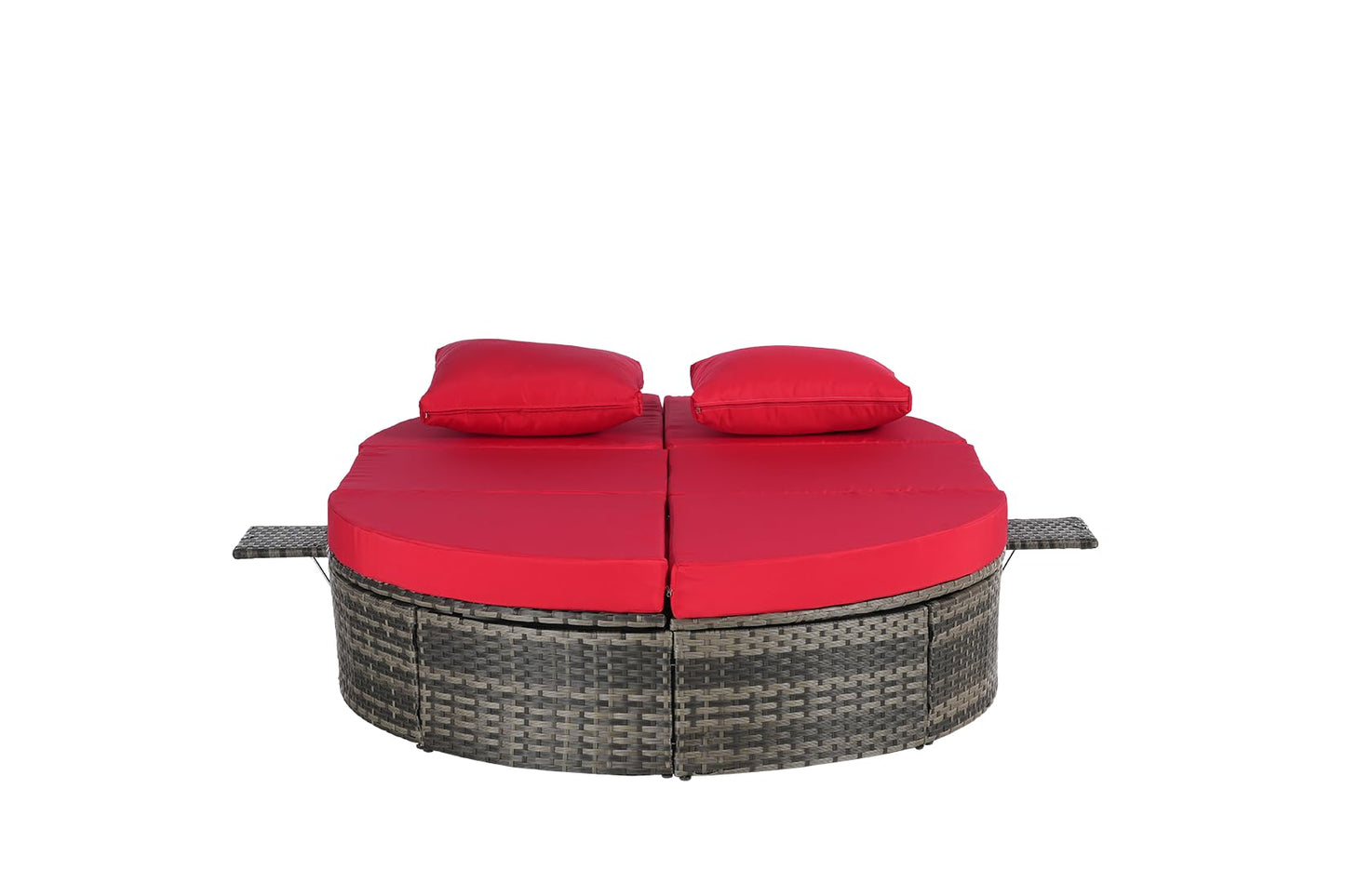 Bituman Luxury Round Patio Daybed with Pillows, Foldable Wicker Sun Lounger Featuring Adjustable Backrests & Cup Holders, 600lbs Heavy Duty Steel Frame, Fully Assembled Outdoor Furniture for Poolside
