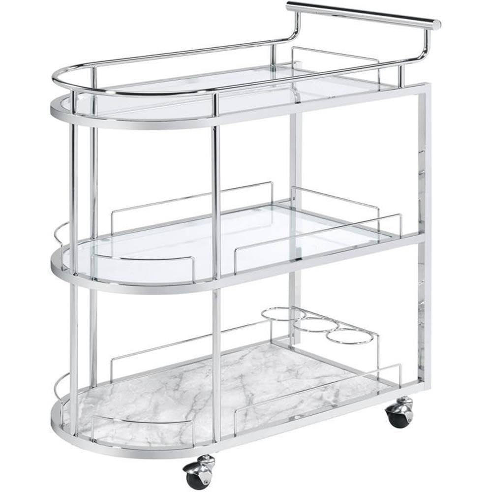 BOWERY HILL Contemporary Serving Cart, Chrome Finish with Clear Glass Shelves, Oval 3-Tier Design, 4 Caster Wheels, 37 in L x 20 in W x 33 in H, Modern Metal Frame for Barware and Kitchen Use