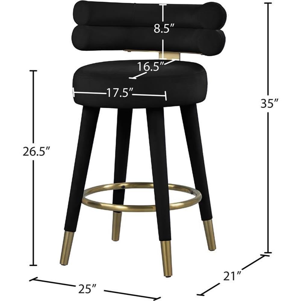 Meridian Furniture 798Black-C Fitzroy Collection Modern | Contemporary Velvet Upholstered Counter Stool with Deep Channel Tufted Back and Gold Metal Capped Legs, Black, 25" W x 21" D x 35" H, Set of 2