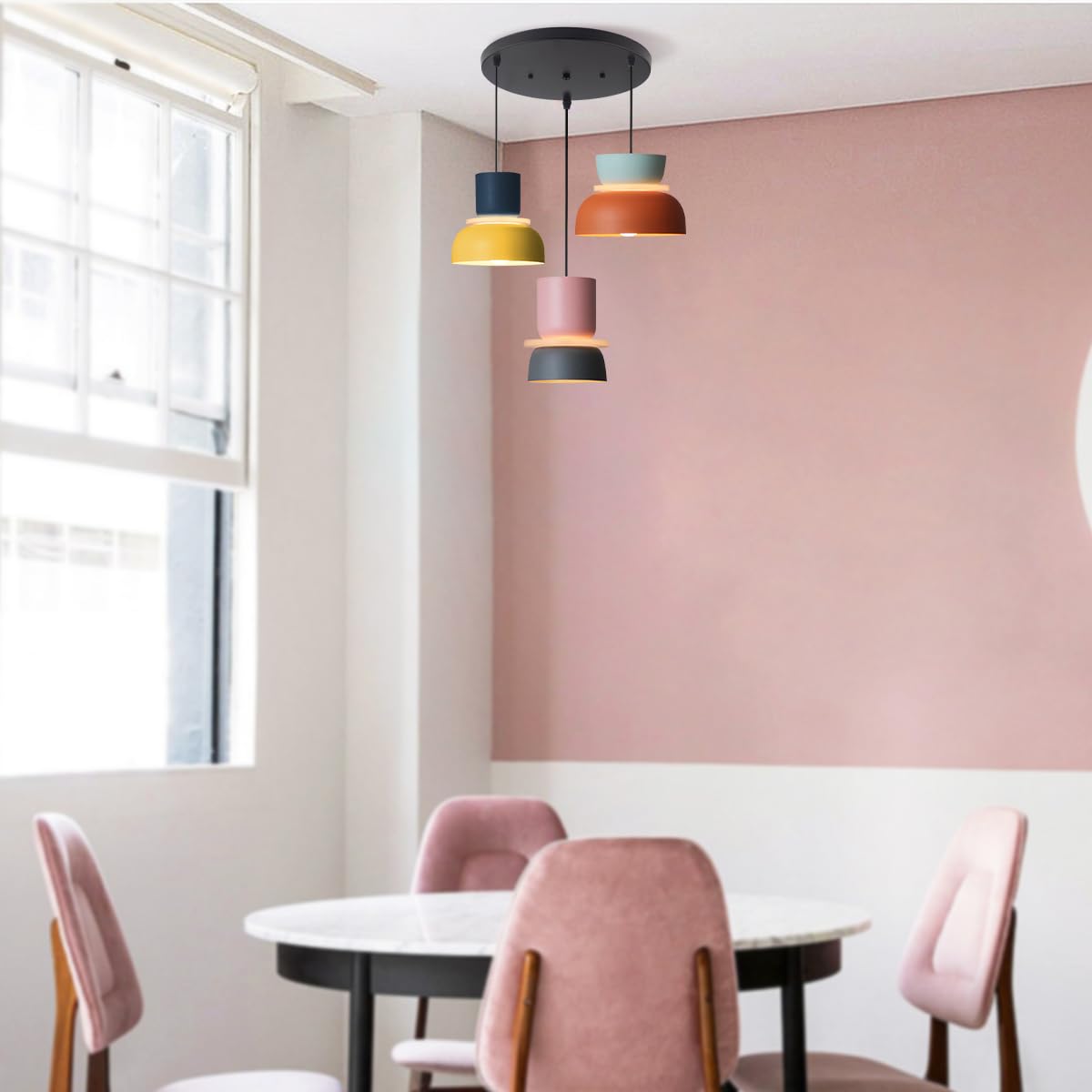 Qufute Nordic Modern Pendant Light Macaron Color Mid Century Hanging Light Fixture with Aluminum Shade Colorful Chandelier Ceiling Pendant Lights for Dining Room Kitchen (3-Light)