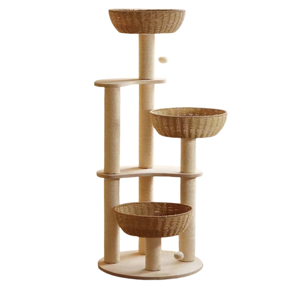 54" Modern Cat Tree for Large Cats, Wood Luxury Multi-Level Oak Solid Wood Cat Trees Cat Towers with 3 Rattan Weaving Cat Nests & Washable Cushions, Sisal Scratching Posts, for Indoor Cats-Lacquered