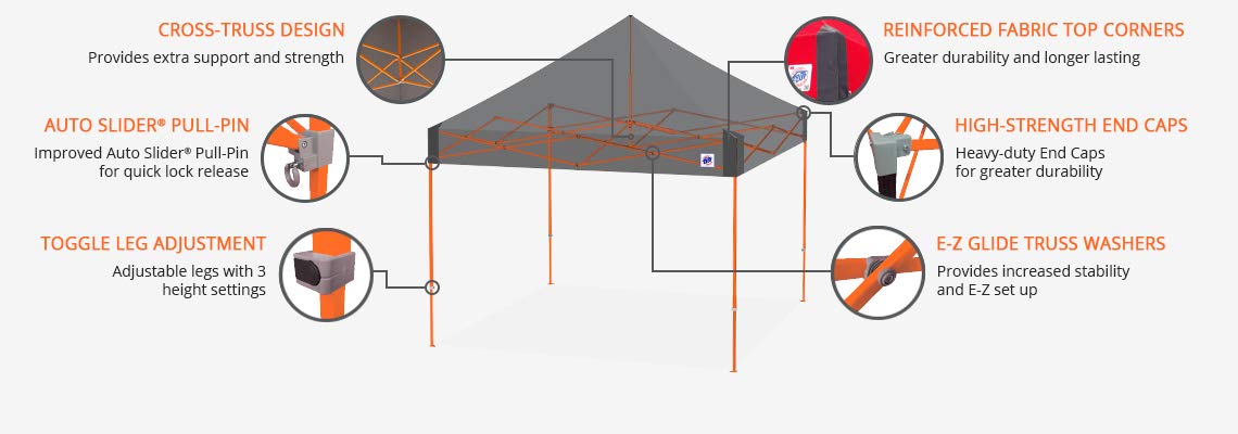 E-Z UP Vantage Instant Shelter Canopy, 10' x 10', White Powder-Coated Steel Frame with Wide-Trax Roller Bag & 4 Piece Spike Set, Punch