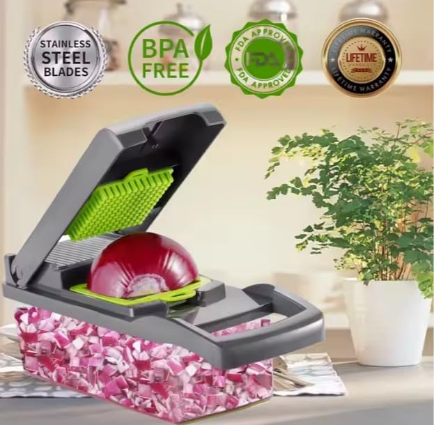 Vegetable Chopper and Slicer, 15-in-1 Manual Food Dicer with Container, Stainless Steel Blades, Gray and Green