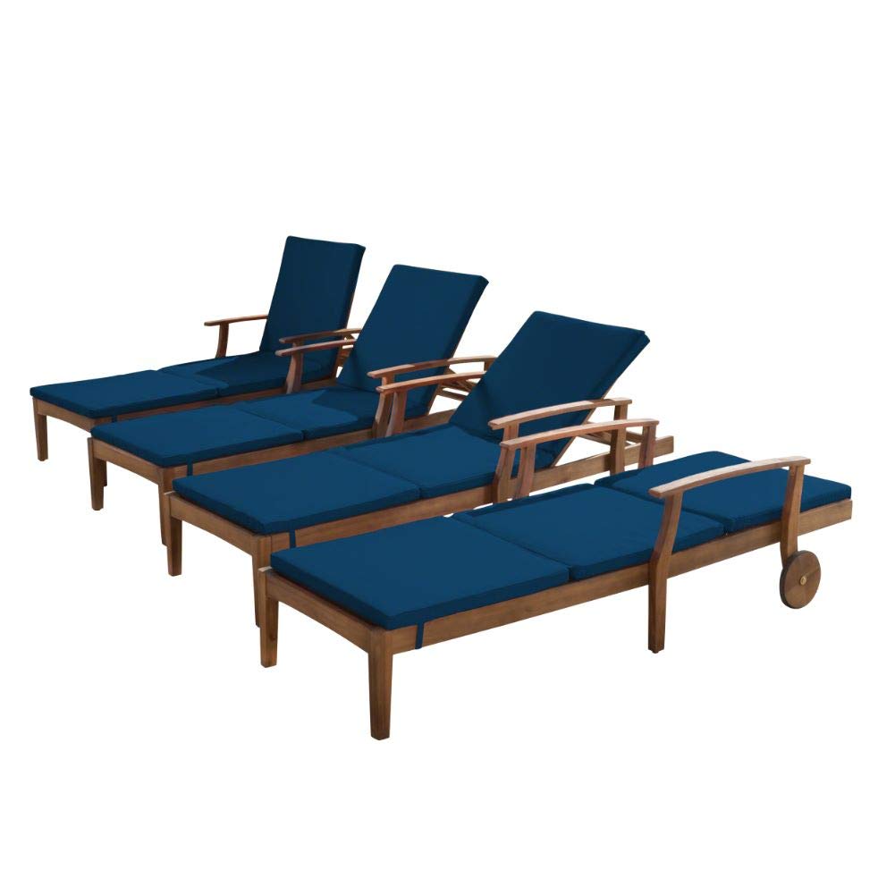 Christopher Knight Home Perla Outdoor Chaise Lounges with Water Resistant Cushions, 4-Pcs Set, Teak Finish / Blue