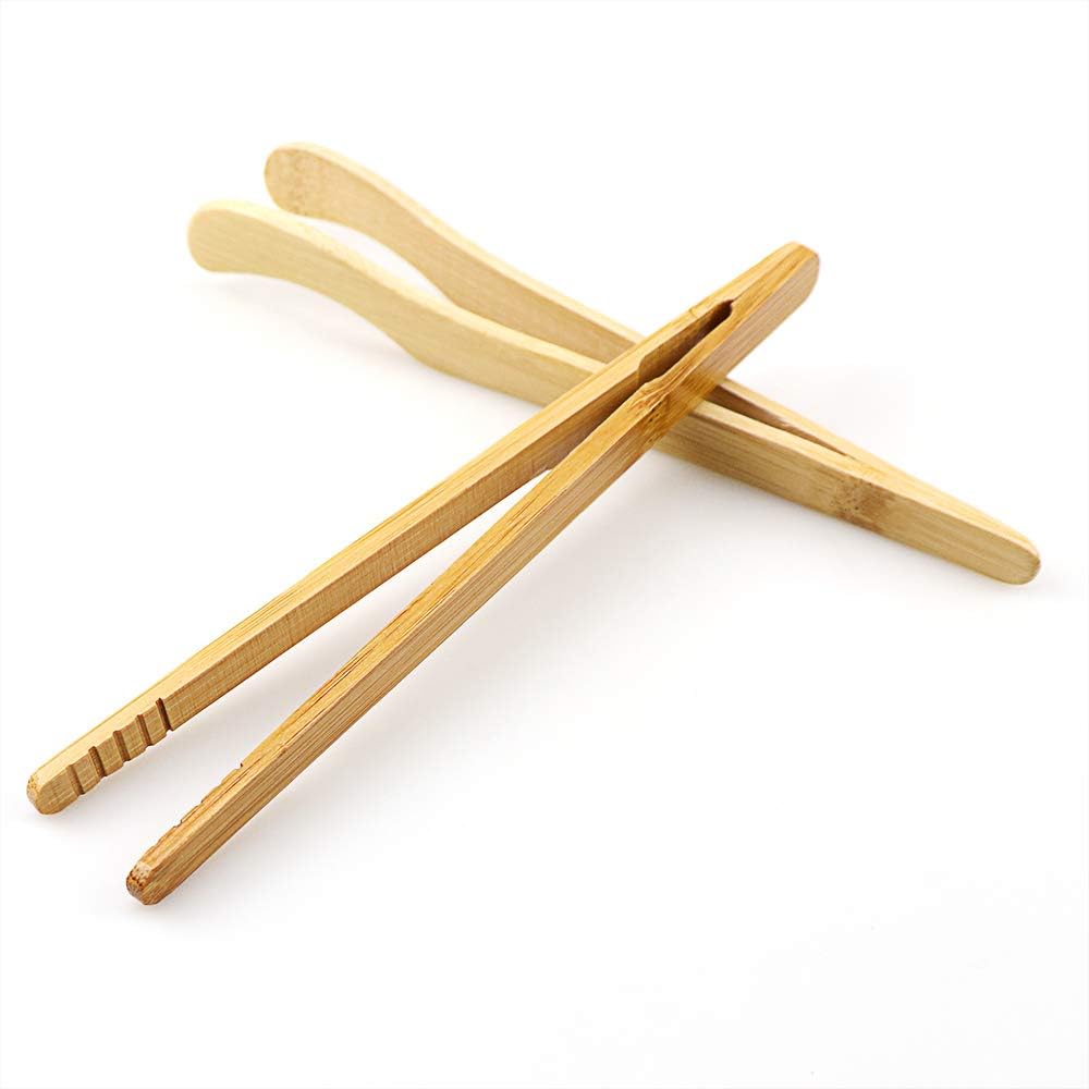 Hysagtek Bamboo Toast Tongs, Wooden Bread & Pickle Serving Tongs, 8 Pack, 7.08 Inches