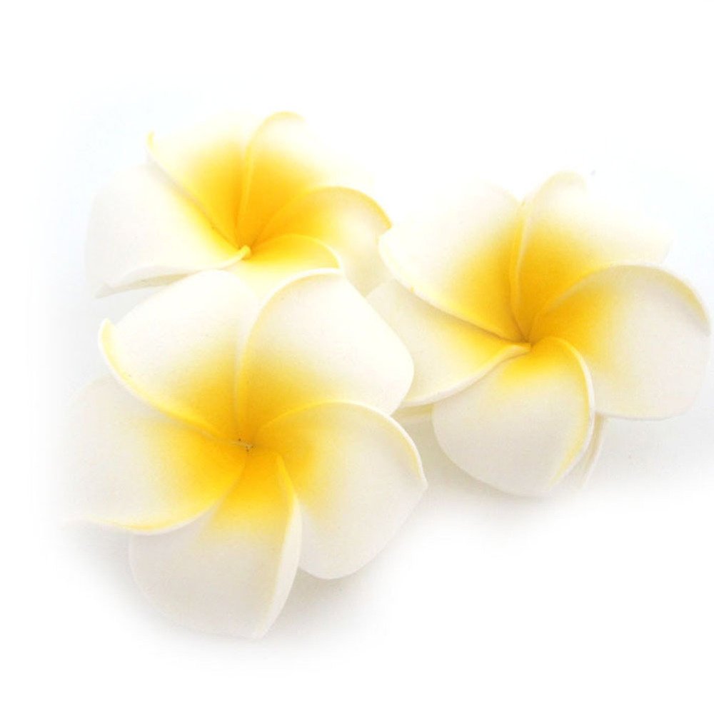 Pursuestar 100Pcs White Foam Hawaiian Frangipani Artificial Plumeria Flower Petals Cap Hair Hat Wreath Floral DIY Home Wedding Decoration 5cm
