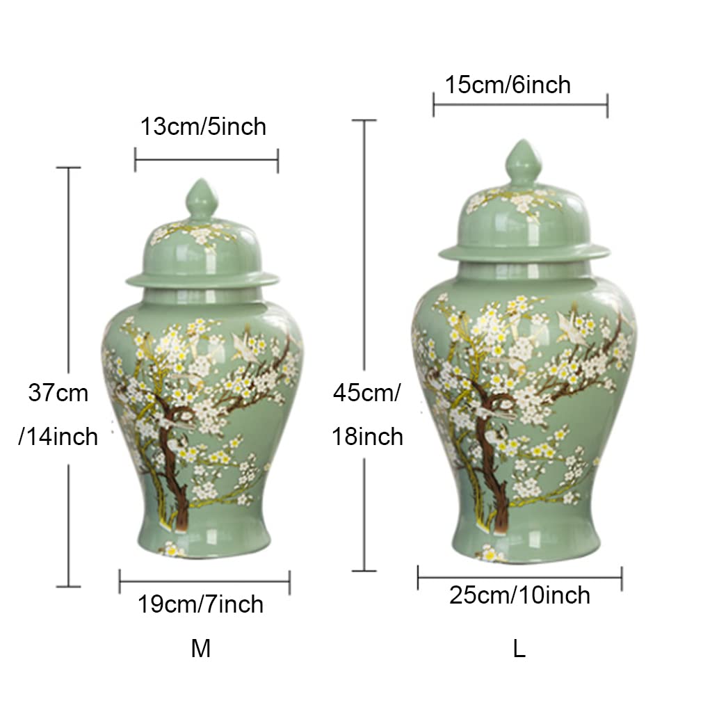 Green Ceramic Ginger Jar With Lid For Home Decor,Traditional Trees And Flowers Temple Jar, Jingdezhen Handcrafted Porcelain Vase Centerpiece Decor M (Green L) (Gr