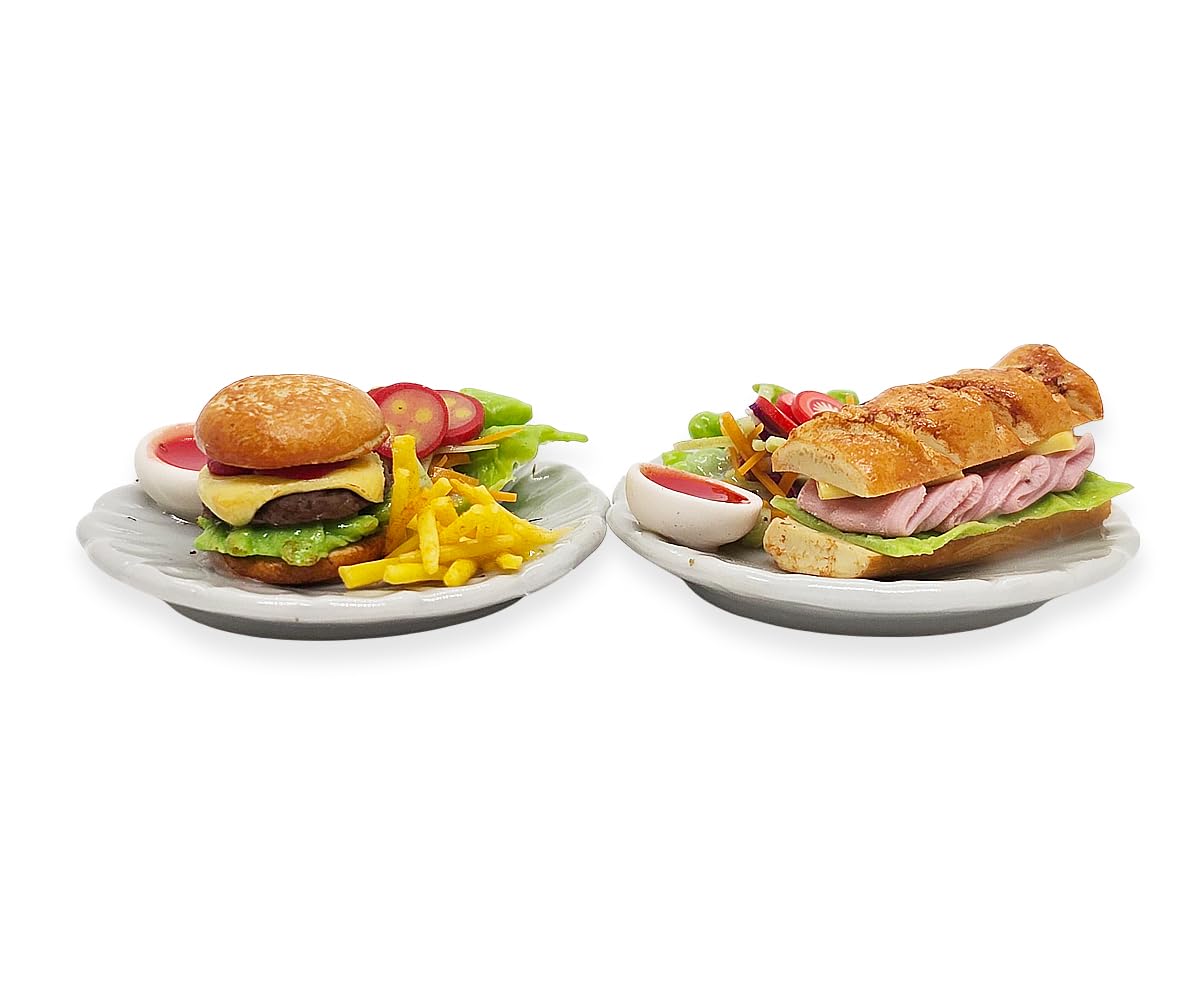 WitnyStore Tiny 1⅜" Hamburger and Sub Sandwich Realistic Mini Foods Miniature Hand Made Polymer Clay Food Meal Model Replica On Ceramic Dishes Decorative Figure Collectible Figurine Décor Art Gifts