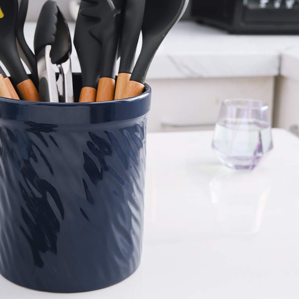 KOOV Kitchen Utensil Holder, Large Ceramic Utensil Crock, Deep and Stable, Utensils Caddy Texture Series (Dark Blue)