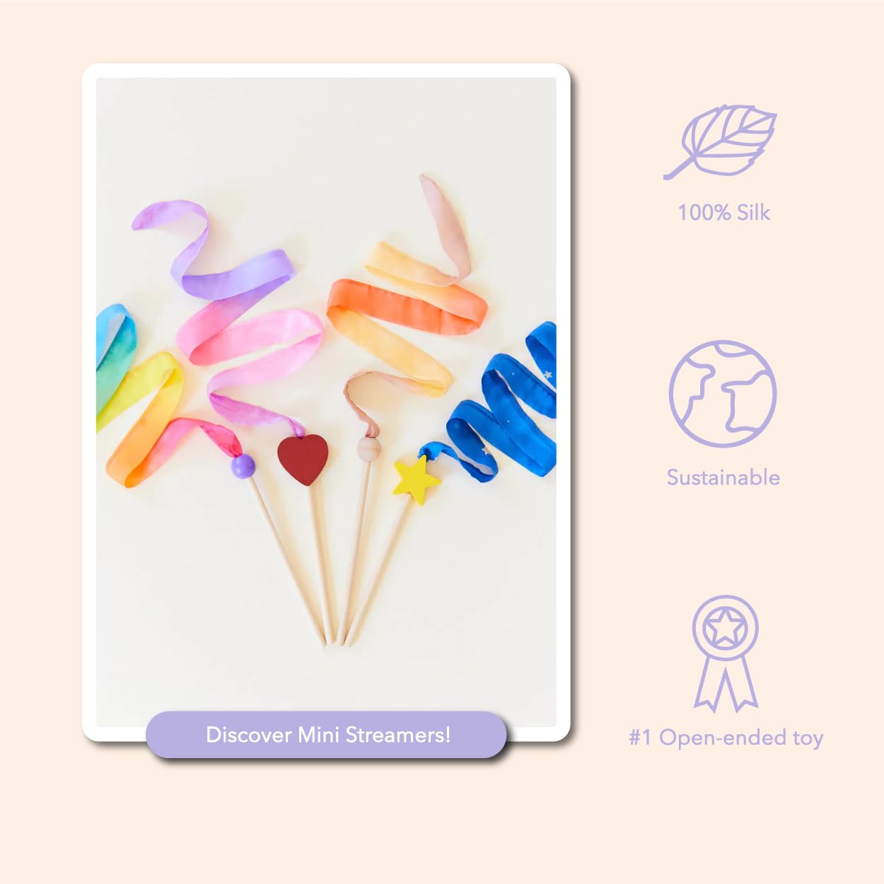 Sarah's Silks Mini Rainbow Streamer - Long Ribbon Wand for Kids, Pretend Play, Dance, Baton Stick Twirling, and Gymnastics Party Favors | 100% Silk and Wood Montessori and Waldorf Toys (1)