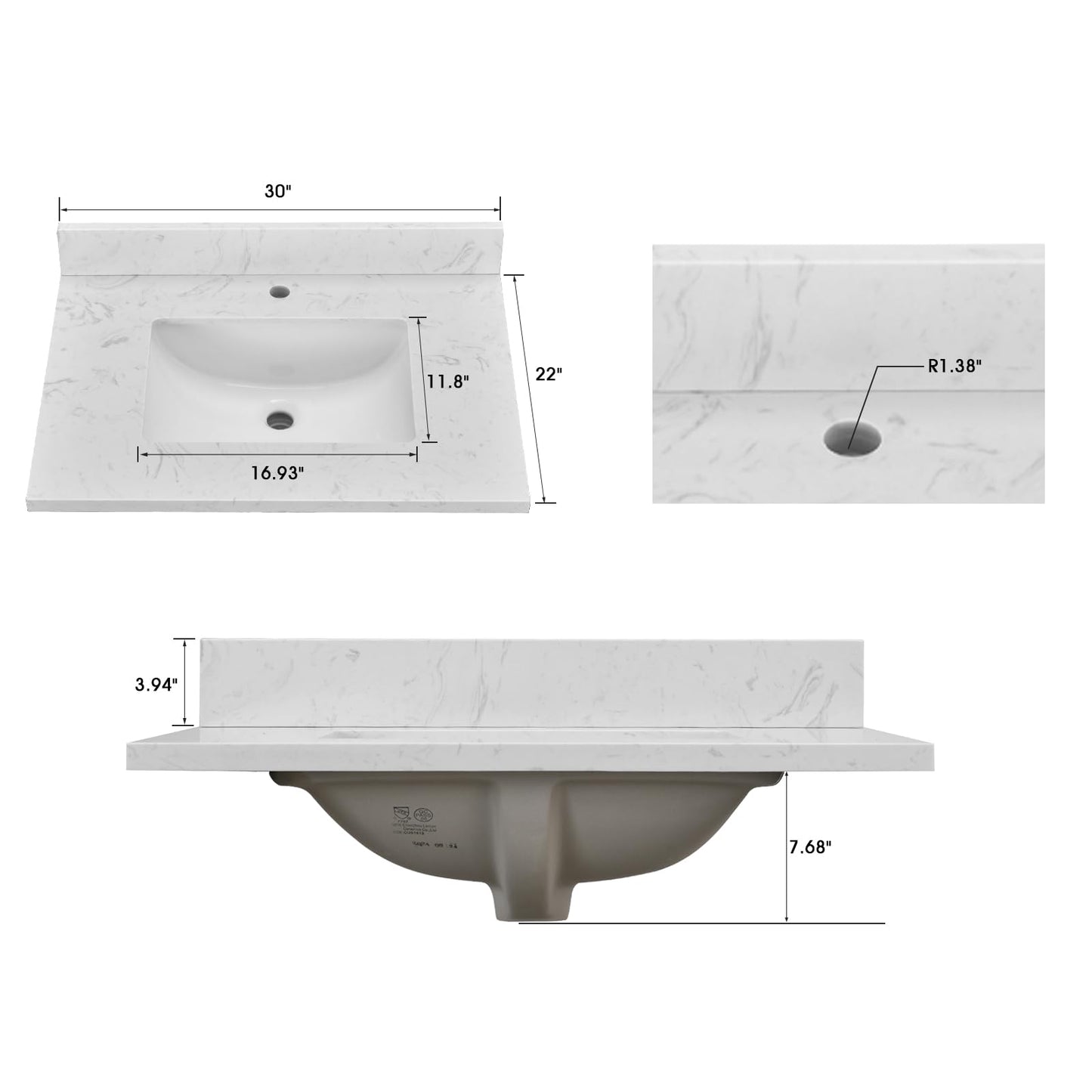 EQLOO 30" x 22" Vanity Top, Volakas White Engineered Stone Vanity Sink Top, with Undermounted Rectangular Sink & Backsplash Countertops, Pre-Drilled Single Hole for Bathroom Vanity Top with Sink