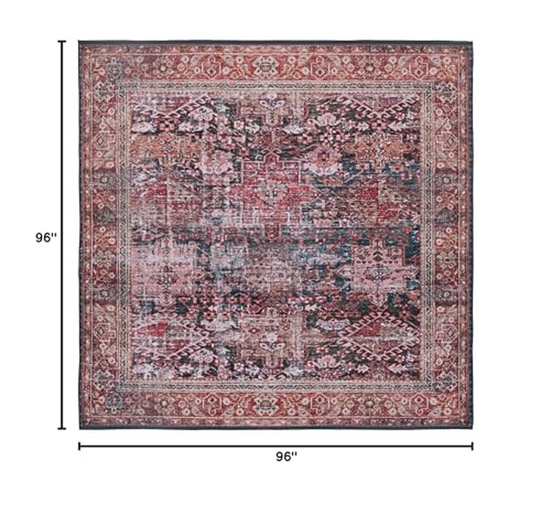 SAFAVIEH Washable Rug Tucson Collection - 8' Square, Rust & Green, Slip Resistant & Easy to Clean, Ideal for Living Room, Bedroom, Dining Space (TSN114P)