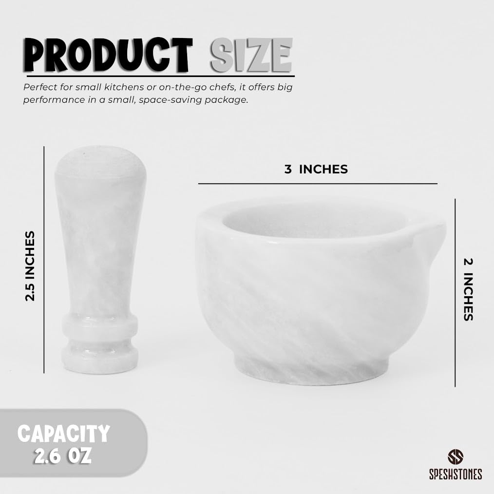 SPESHSTONES Marble Mortar and Pestle Set Handmade 3 Inch White Stone Pill Crusher Fine Powder - Spice Grinder Manual for Kitchen Decor, Herb Grinding Bowl & Small Garlic Crusher