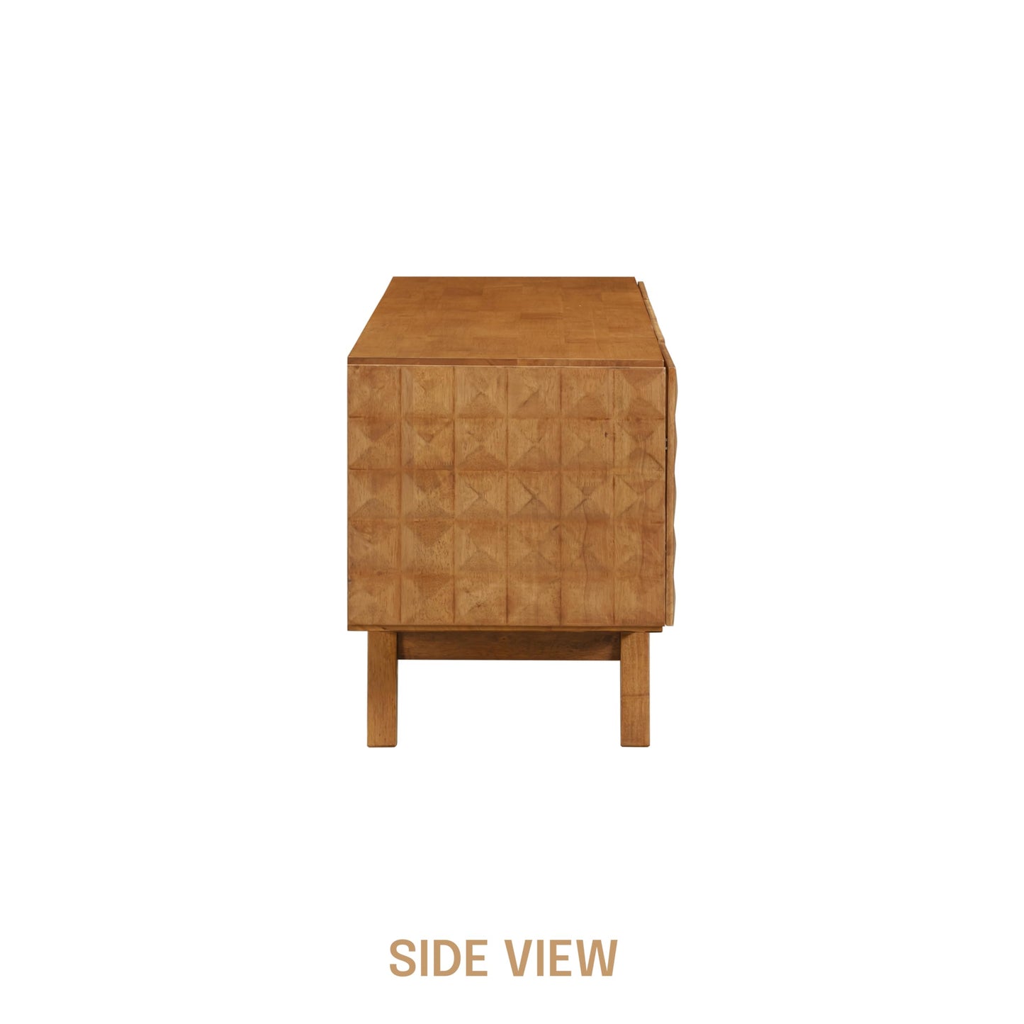NTC Sapa Mid-Century Modern Solid Wood TV Stand 4-Door Media Console with Carved Geometric Fronts for TVs up to 75", Effortless Assembly, Teak Look