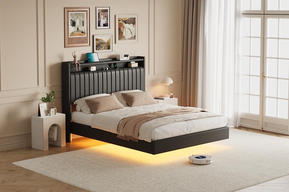IDEALHOUSE Queen Floating Bed Frame with LED Lights and Storage Headboard, Bed Frame with Modern Minimalist Style for Bedroom/Vacation Home,Silent & No Box Spring Required,Easy to Assemble,Black