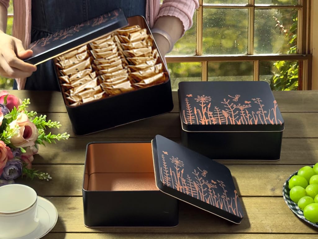 PHILPETY Decorative Storage Box Rural Tin Gift Box Tinplate Candy Cookie Jars Square Storage Containers with Lids for Chocolate Candy Tea Coffee Cosmetics Jewelry Photos Gift Case 3Pcs