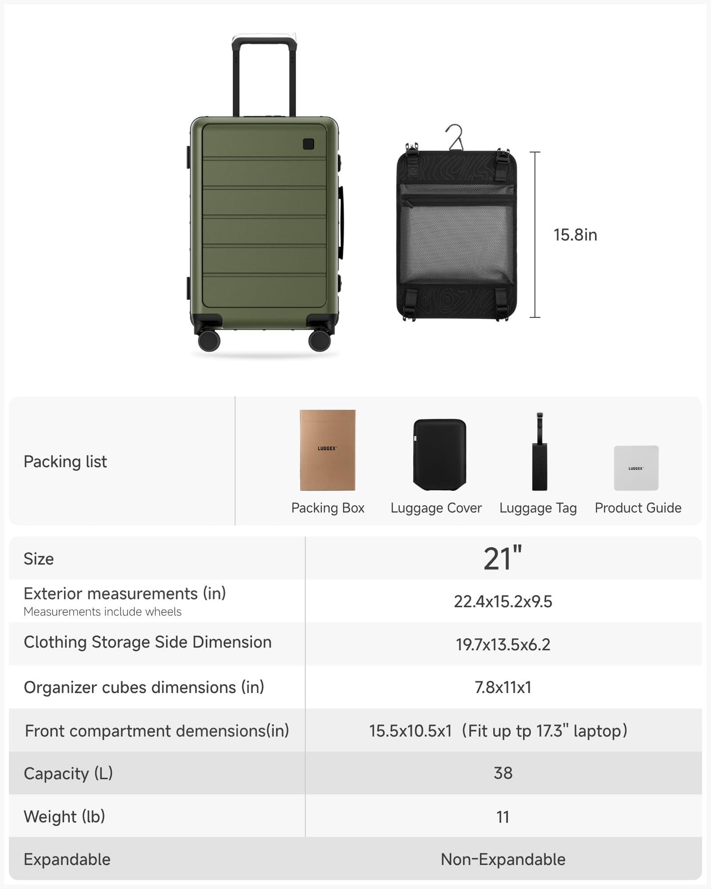 LUGGEX 21 Inch Zipperless Carry On Luggage - HUP Pro Front Opening Compartment Suitcase with Spinner Wheels, 38L Capacity, TSA Locks, Airline Approved for Business Travel(ZX-Pro, Olive Green)