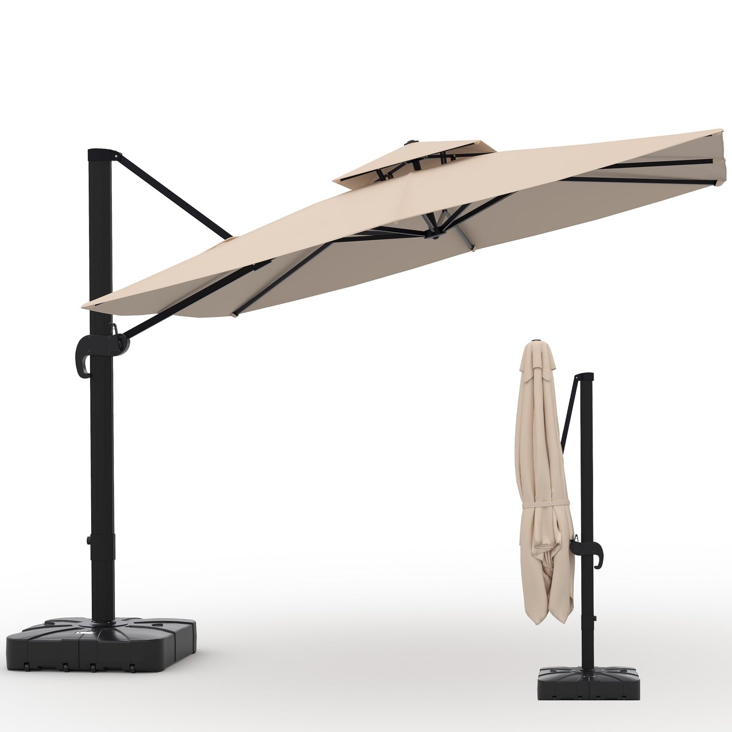 10x10 FT Square Outdoor Umbrella with Base, Cantilever Patio Umbrella with 360° Rotation & Adjustable Height, Heavy Duty Aluminum Umbrella Outdoor Patio for Garden Poolside,Khaki