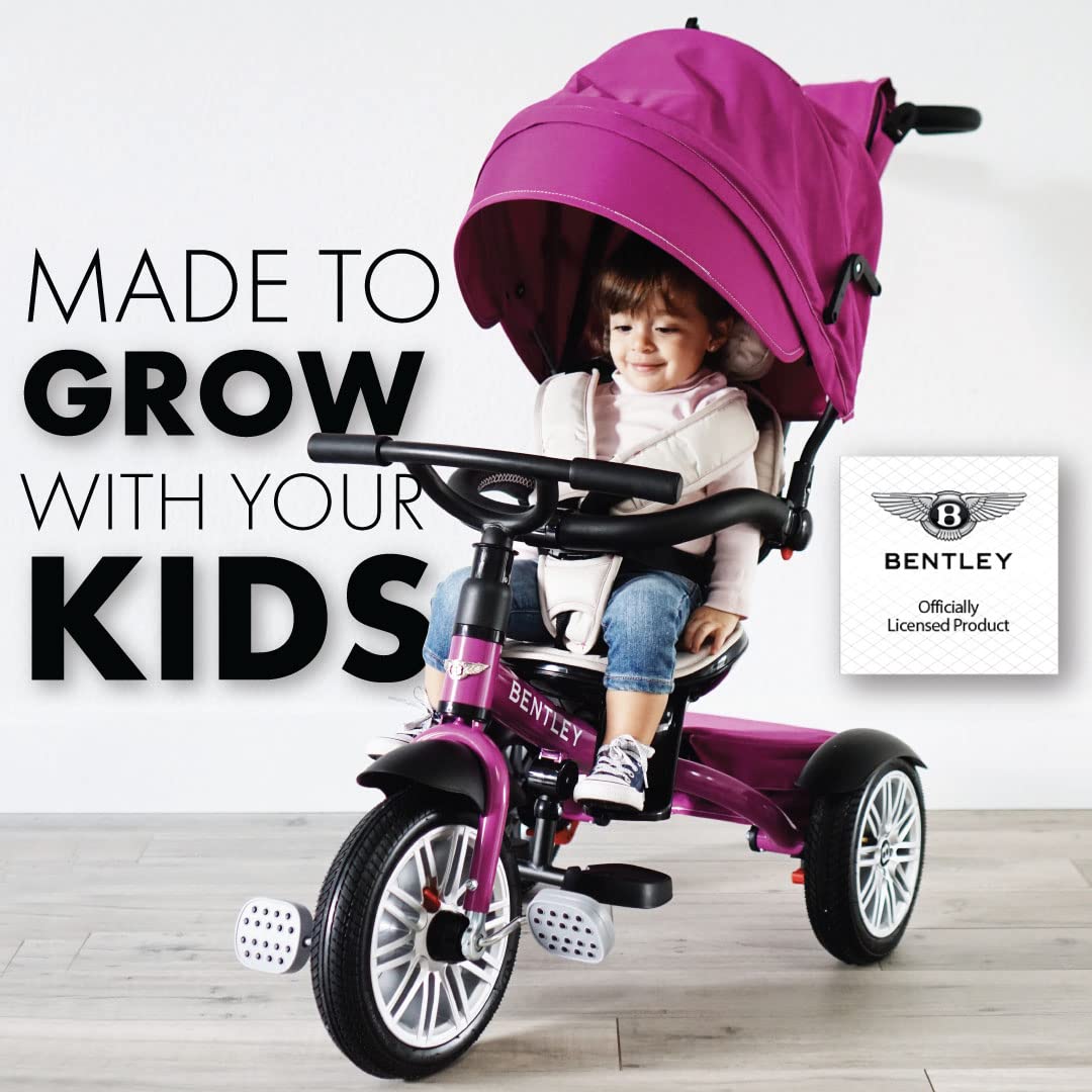 Bentley 6-in-1 Baby Stroller & Toddler Tricycle – Officially Licensed Luxury Kids Bike, Convertible Travel Strollers & Kid Trike with Air Wheels, Canopy & Safety Features (6m-5y+ | Fuschia Pink)