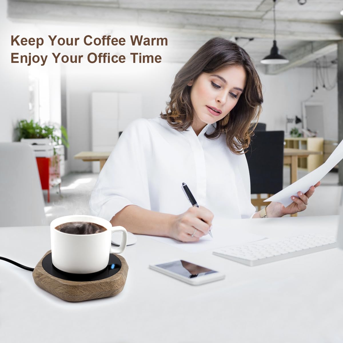 Coffee Mug Warmer for Desk - Wooden Auto Shut Off Drink Warmer for Milk Tea Water Cocoa - Smart Beverage Heating Candle Wax Plate - Hexagonal