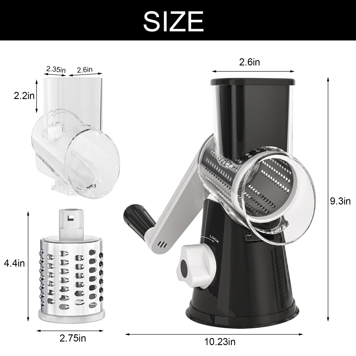 Cambom 5 in 1 Rotary Cheese Grater Hand Crank Cheese Shredder for Fresh Cheese, Vegetable, Nuts,Non-slip Suction Base, Black