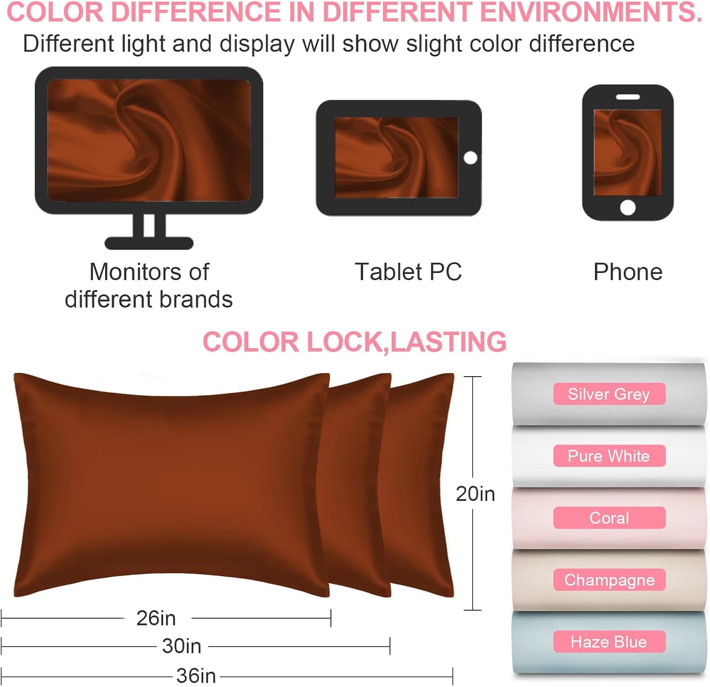 Skiennix Silk Pillowcases - 2 Pack King Size, Hidden Zipper, Breathable Cooling Satin in Burnt Orange