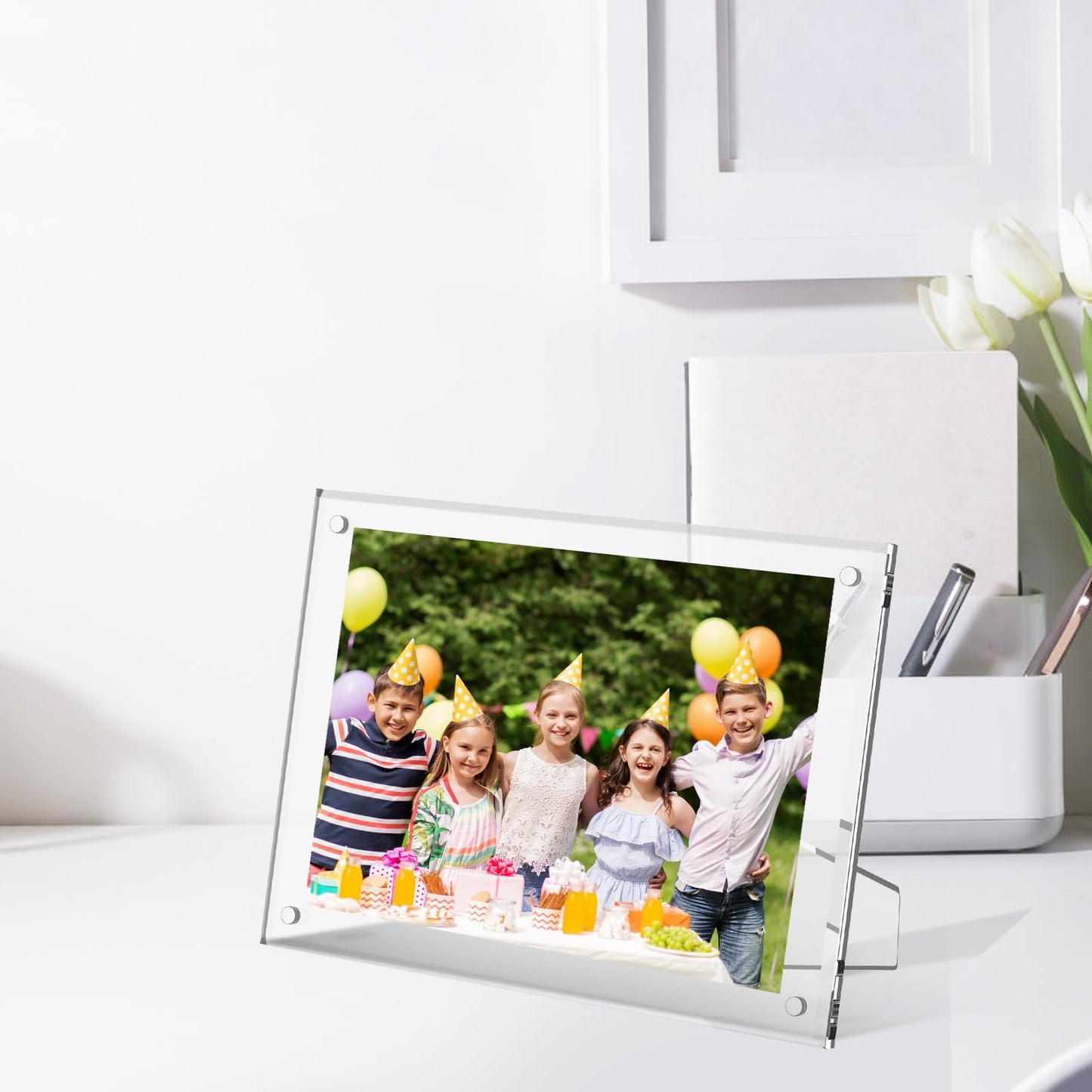 6x8 Inch Acrylic Magnetic Picture Frame,2 PackTransparent Floating Frameless Photo Frame with Easel Stand,Double Sided Tabletop Display Magnetic Acrylic Frame for Home Office Decor Wedding Birthday Gifts