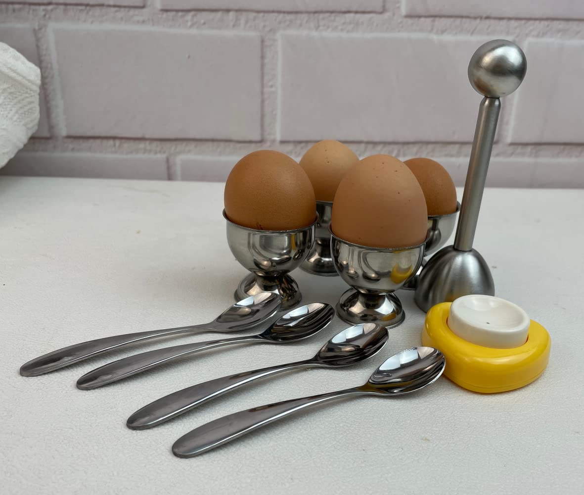 10 Pcs Egg Cups for Soft Boiled Eggs, Jawbush Egg Cracker Topper Set for Raw Hard Boiled Eggs, 4X Egg Spoons, 4X Egg Cups, 1x Magnet Egg Piercer, 1x Stainless Steel Egg Topper Egg Guillotine