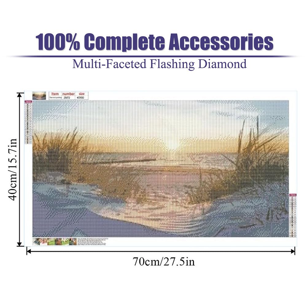 Large diamond painting kit of sunrise by the seaside, Large Diamond Art Painting Kits,Sunrise 5D Diamond Painting for Adults Beginners DIY Full Drill Round Art Gems for Home Wall Decor 27.5 X 15.7inch