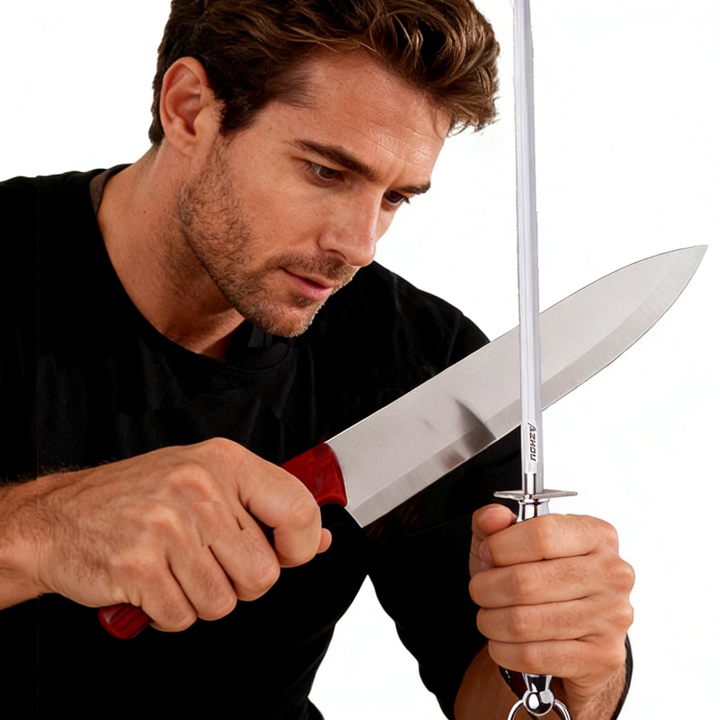 Azhou 12" Professional Knife Sharpener Steel Rod - High Carbon Steel (HRC 63), Fine 200 Grit for Kitchen & Chef Knives, Easy to Use with Non-Slip Wooden Handle & Gift Box