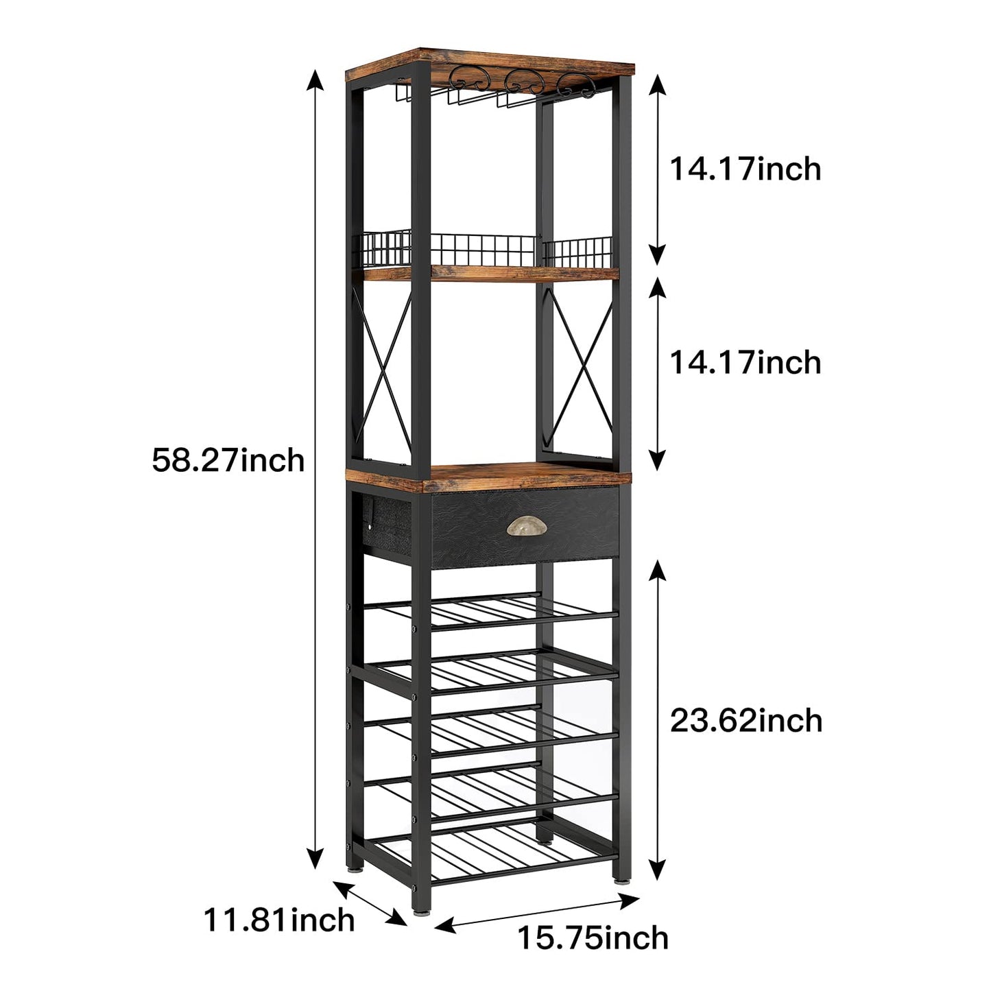 Homeiju Wine Rack Freestanding Floor, Bar Cabinet for Liquor and Glasses, 4-Tier bar Cabinet with Tabletop, Glass Holder, Storage Drawer and Wine Storage for Living Room (Patent No.D29872845)